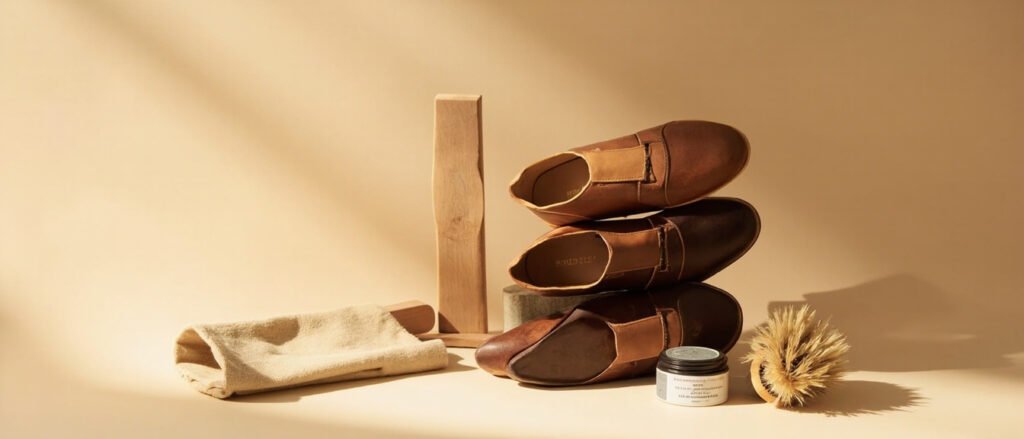 Semelles de cuir cognac, chamois, baume, brosse en crin et embauchoir en cèdre.