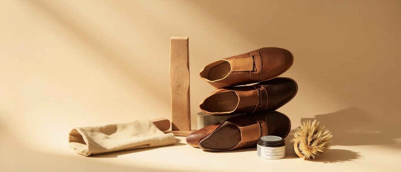 Semelles de cuir cognac, chamois, baume, brosse en crin et embauchoir en cèdre.