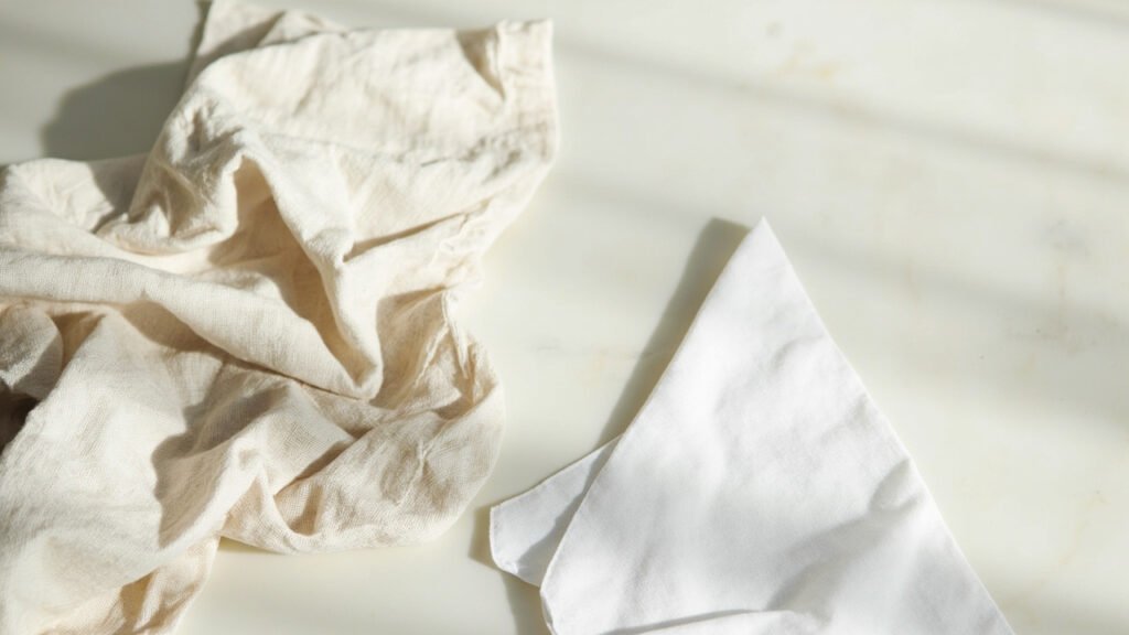 Serviette de lin froissée et mouchoir de coton plié, sur marbre.