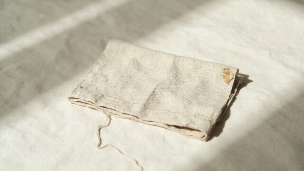 Serviette en lin avec une reprise discrète près du coin.
