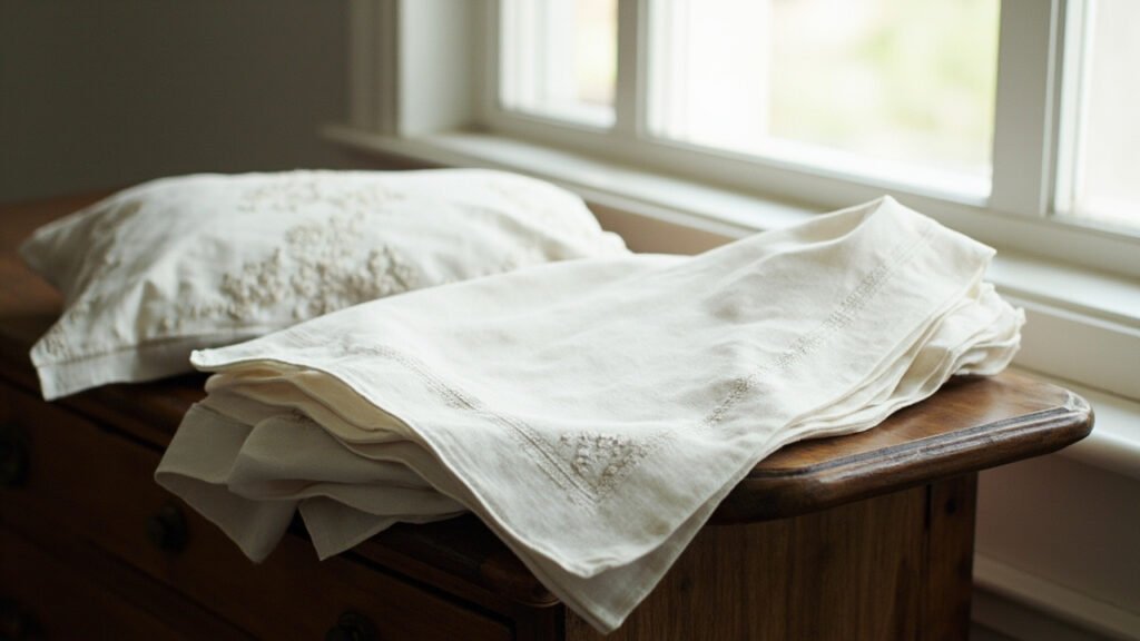 Serviettes damassées ivoire pliées sur chêne ancien, broderie florale.