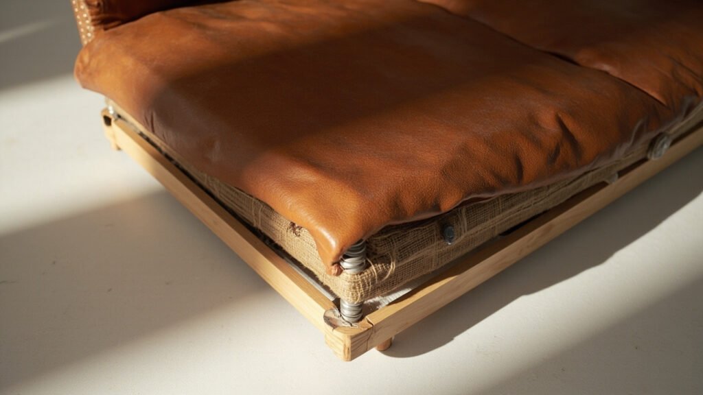 Siège cuir soulevé révélant cadre bois, ressorts et sangles.