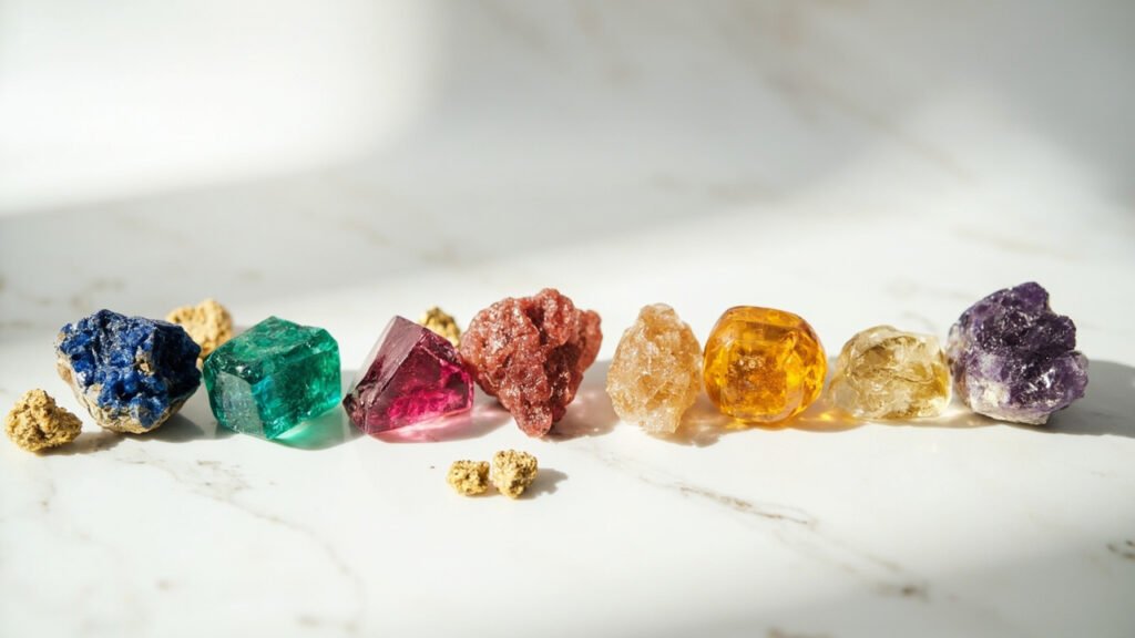 Six minéraux bruts multicolores et échantillons d'or sur marbre blanc.