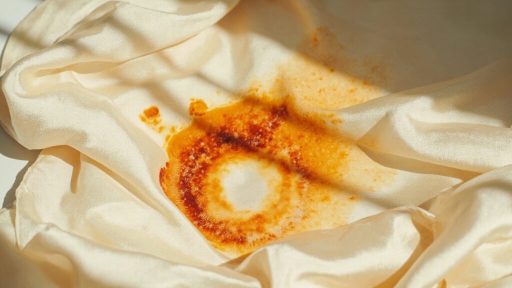 Soie champagne froissée marquée d'une tache de rouille permanente