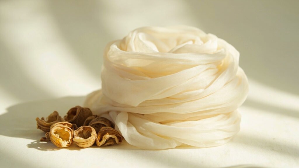 Soie éri crème cotonneuse, cocons ouverts et filaments déployés.