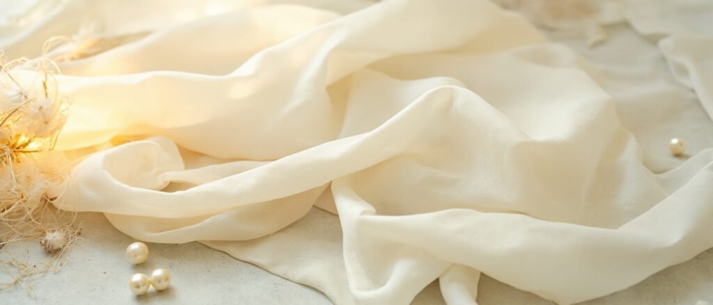 Soie ivoire drapée en plis, cocons blancs et perles, lumière ambre.