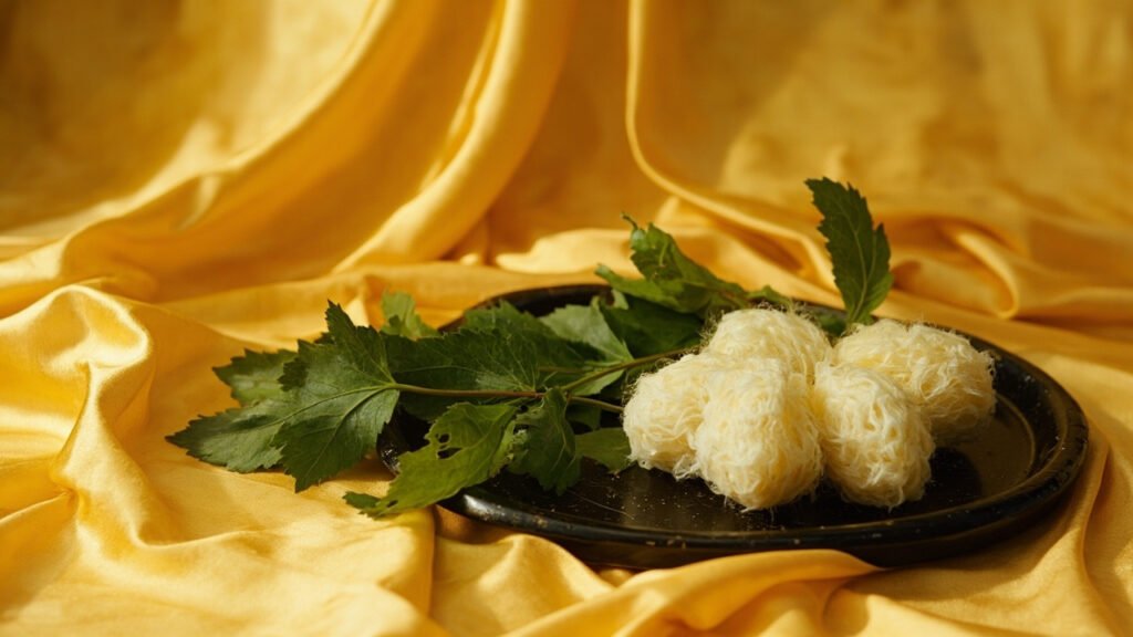 Soie jaune impériale, cocons blancs et feuilles de mûrier sur plateau laqué.
