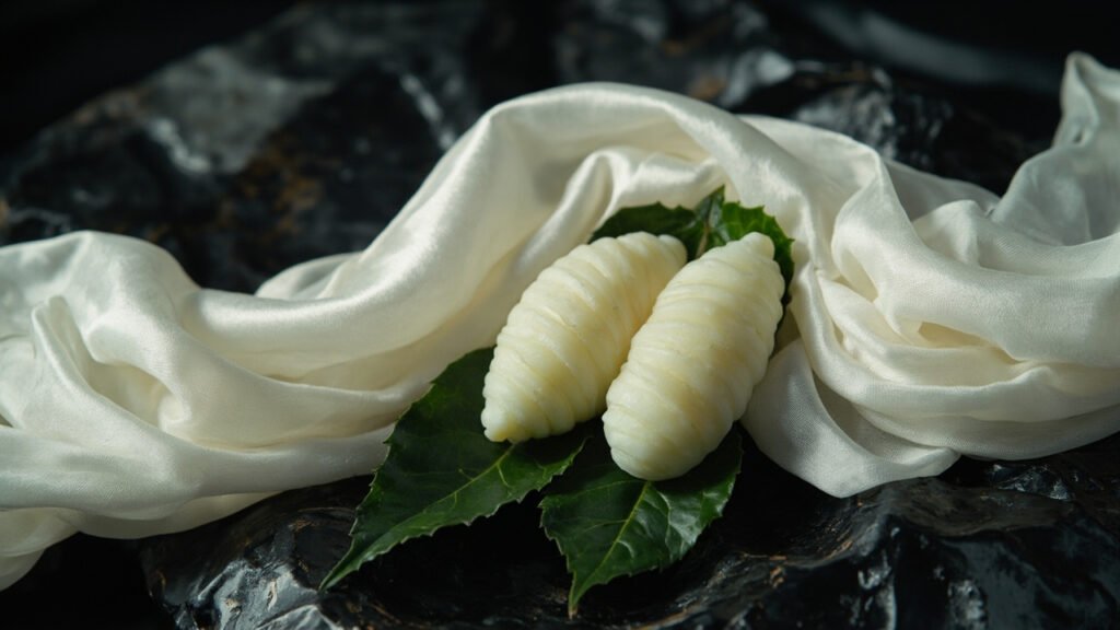Soie mûrier ivoire, cocons Bombyx et feuilles de mûrier sombres.
