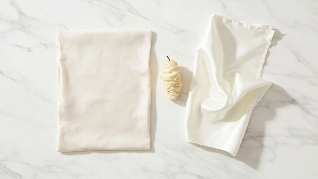 Soie naturelle et satin polyester côte à côte sur marbre, avec cocon.