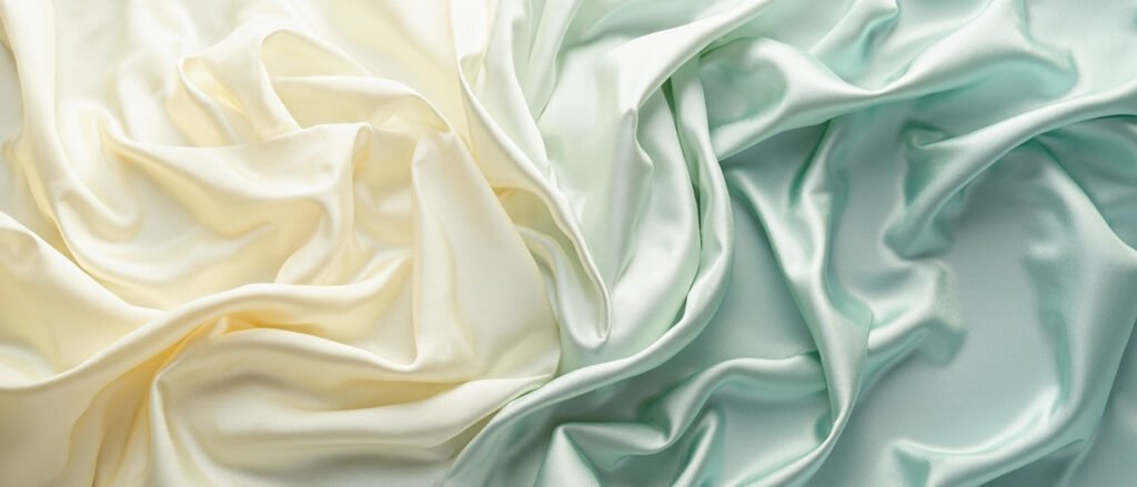 Soie naturelle ivoire et polyester synthétique: contrastes de lumière et texture.