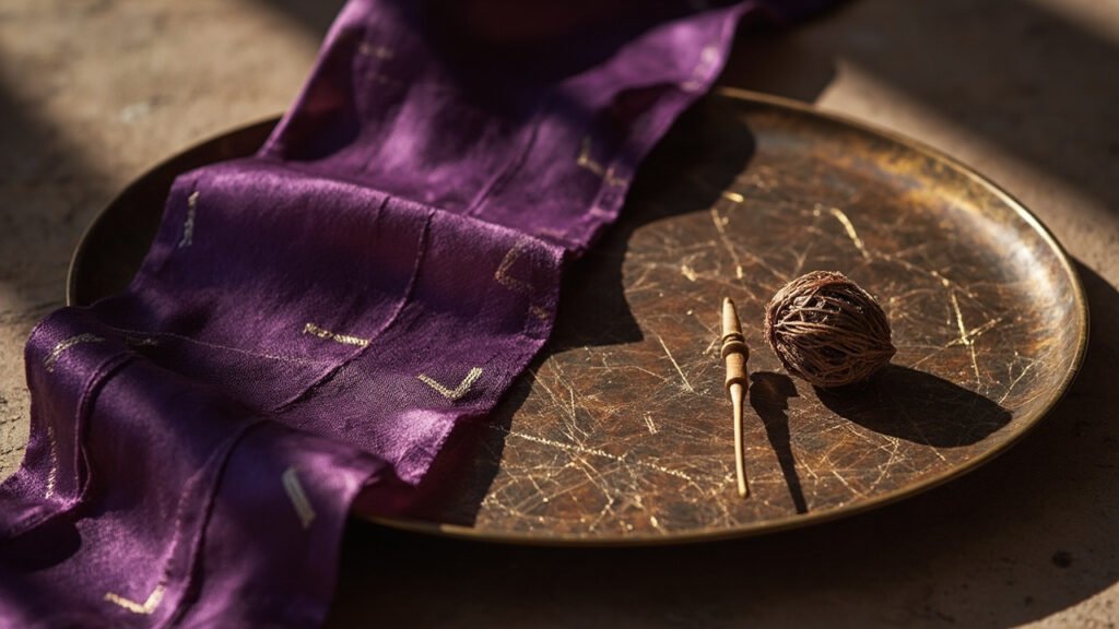 Soie pourpre byzantine, fil d'or, cocon ouvert et fuseau doré.