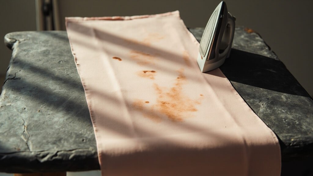 Soie rose abîmée par un fer sur planche ardoise.