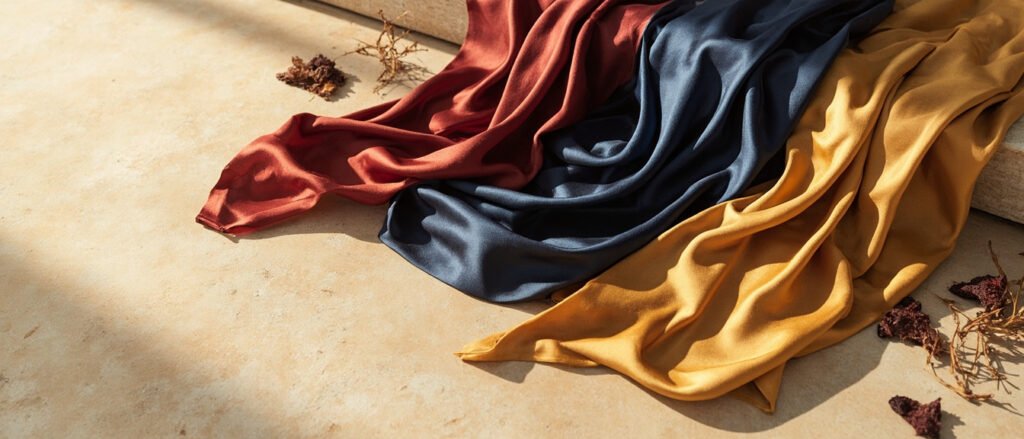 Soie teinte aux colorants naturels : garance, indigo et genêt doré.