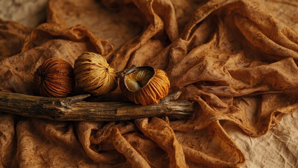 Soie tussah ambre texturée, cocons Antheraea sur brindille.