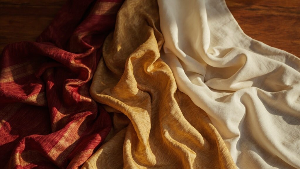 Soies indiennes drapées : rouge cramoisi, tussar doré, ivoire