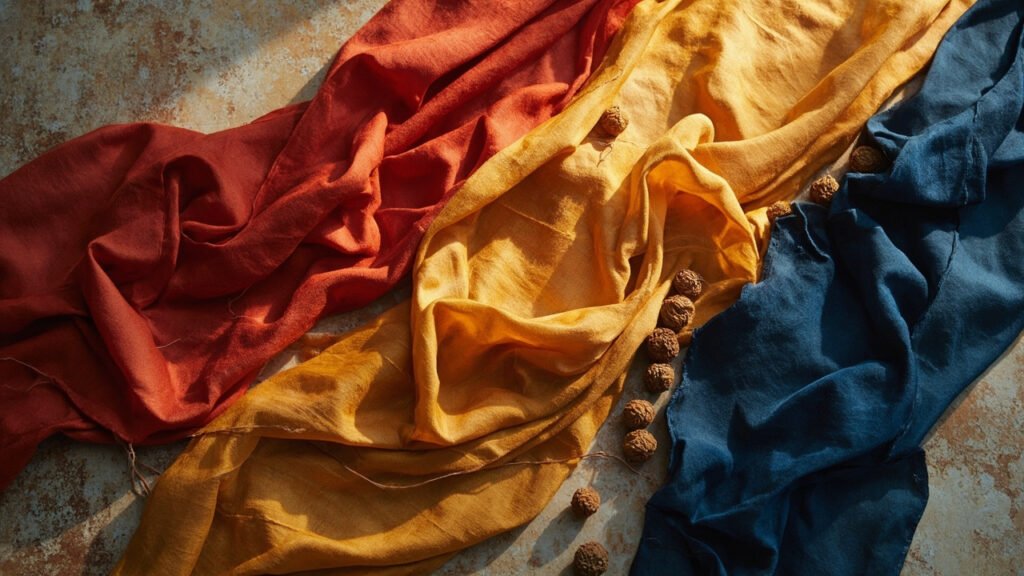 Soies rouge rubis, ocre safran et bleu nuit drapées sur la pierre.