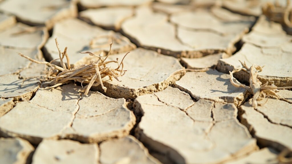 Sol craquelé et herbes séchées d'une steppe aride épuisée.