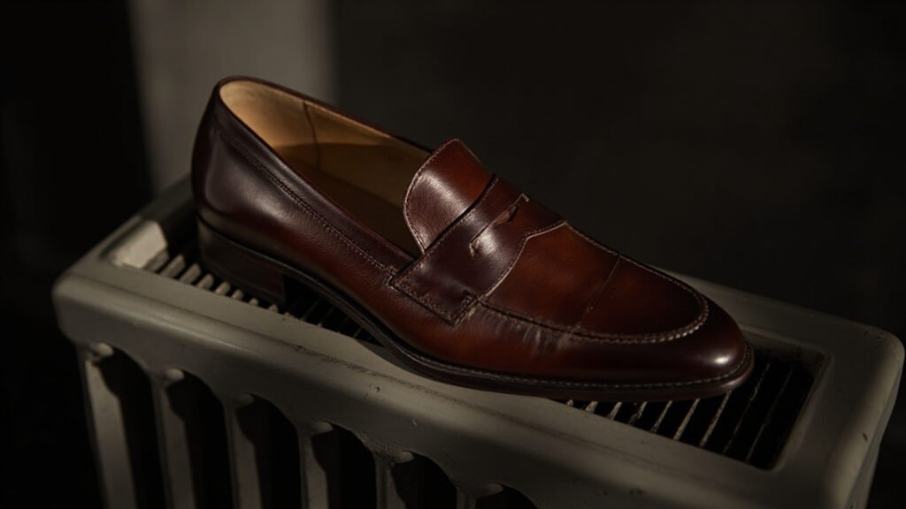 Soulier en cuir placé trop près d'un radiateur en fonte.