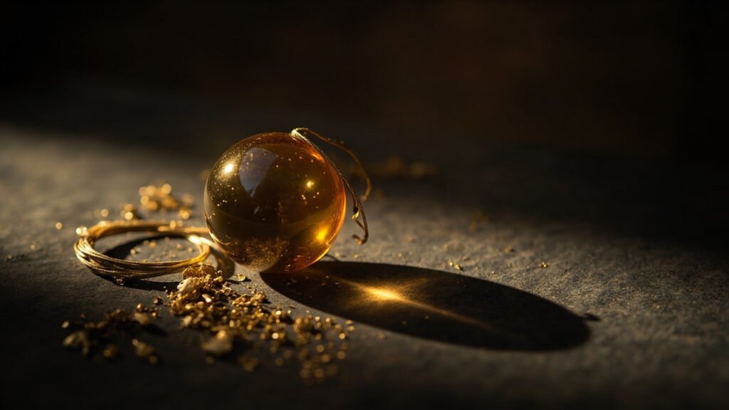 Sphère d'or poli alchimique sur ardoise avec fil d'or.