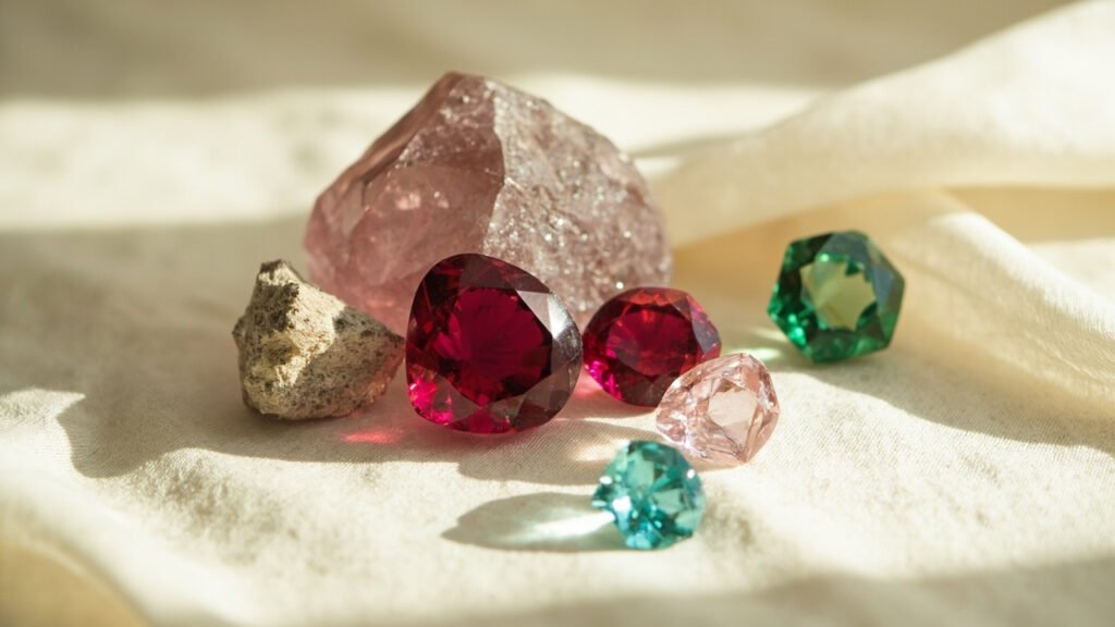 Spinelles et rubis rouges entourés de béryls multicolores sur soie crème.