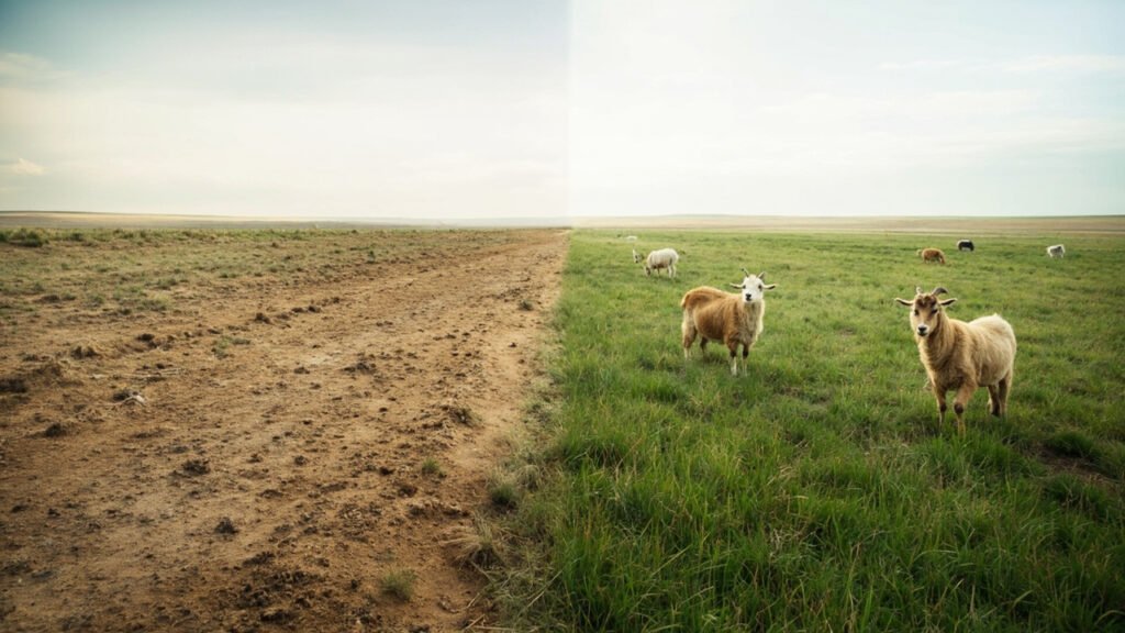 Steppe mongole surpâturée à gauche, pâturage préservé à droite