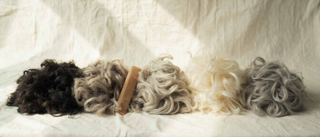 Sur lin pâle, fibres de cachemire triées : poils, mélange, duvet argenté.