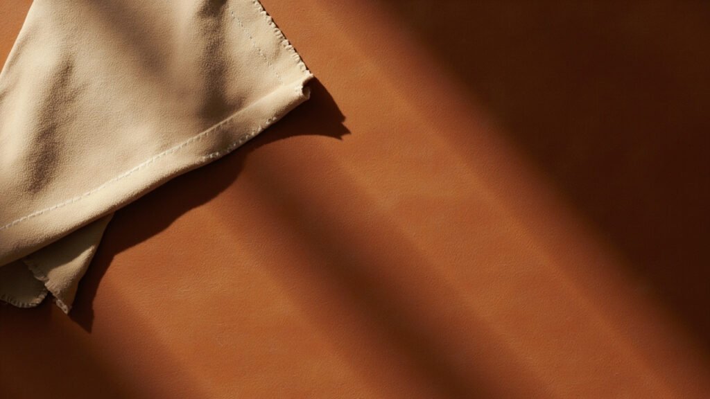 Surface de cuir châtaignier restaurée, souple et satinée, avec chamois.