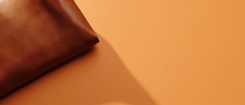 Surface de cuir semi-aniline cognac pliée, lumière douce.