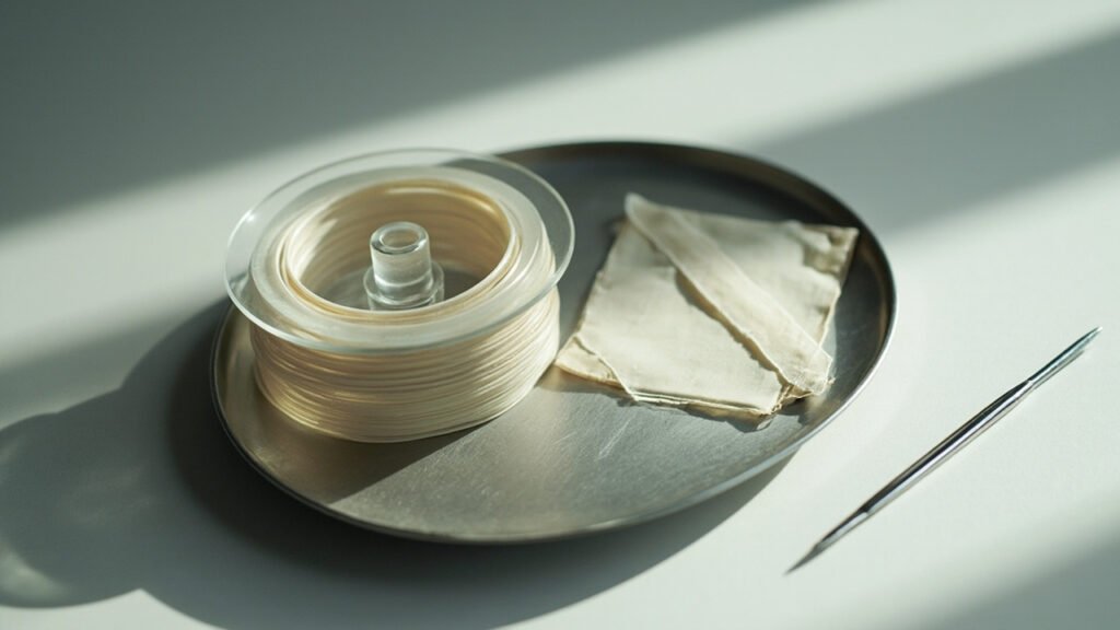 Sutures et pansement de soie ivoire sur plateau acier.