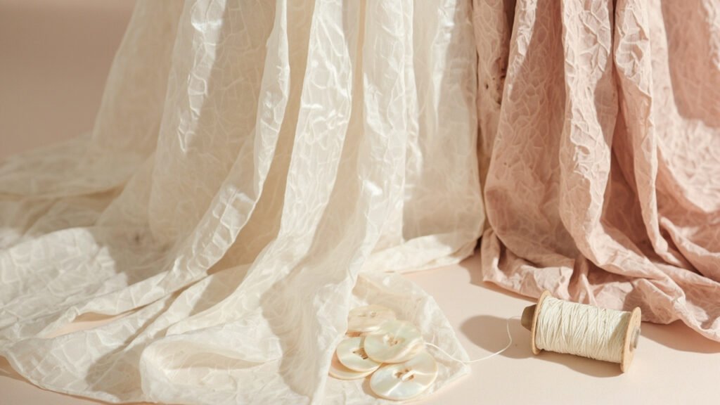 Taffetas ivoire et rose plissé, boutons nacre et bobine de soie.