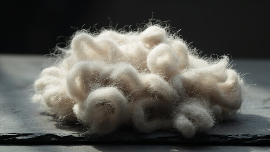 Tas de duvet de cachemire brut, fibres crème ondulées sur ardoise sombre.