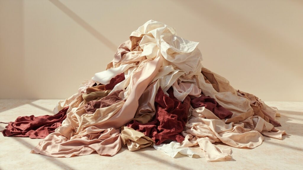 Tas de satin froissé ivoire, rose et bordeaux sur travertin, lumière dorée.