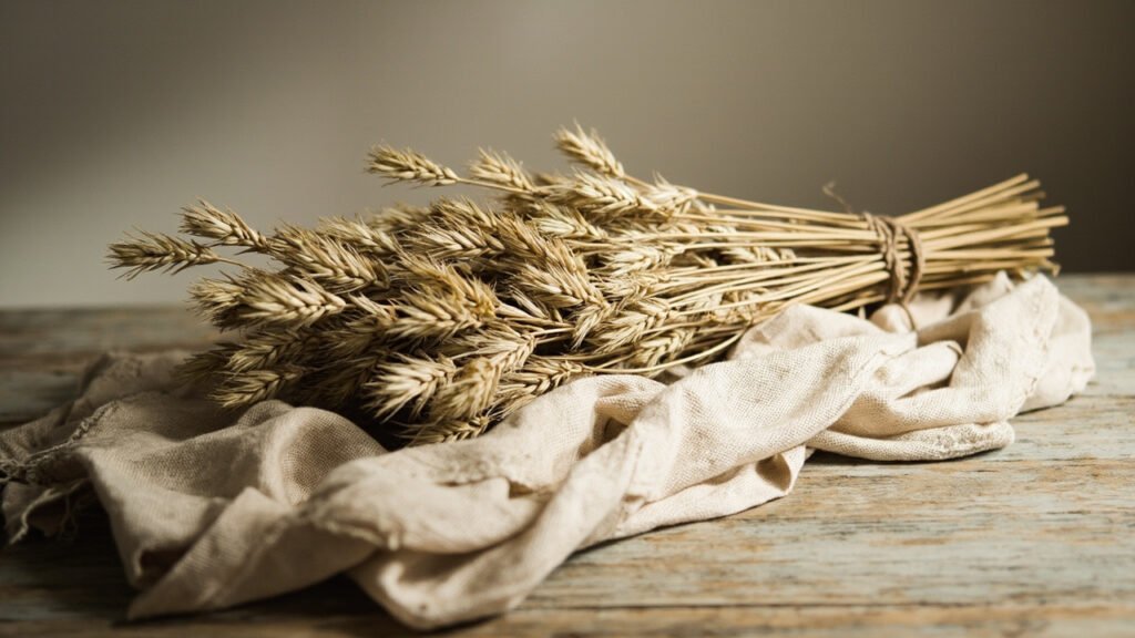 Tiges de lin brut et tissu écume drapés sur chêne vieilli