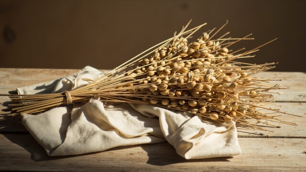 Tiges de lin brutes et fibres naturelles sur bois vieilli.