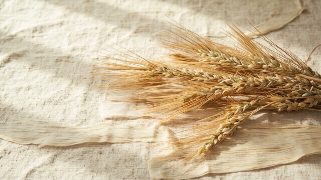 Tiges de lin effilochées révélant fibres végétales crème, lumière dorée.