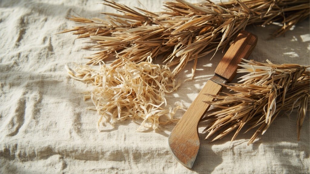 Tiges de lin rouies, fibres dorées et éclats de bois sur toile.