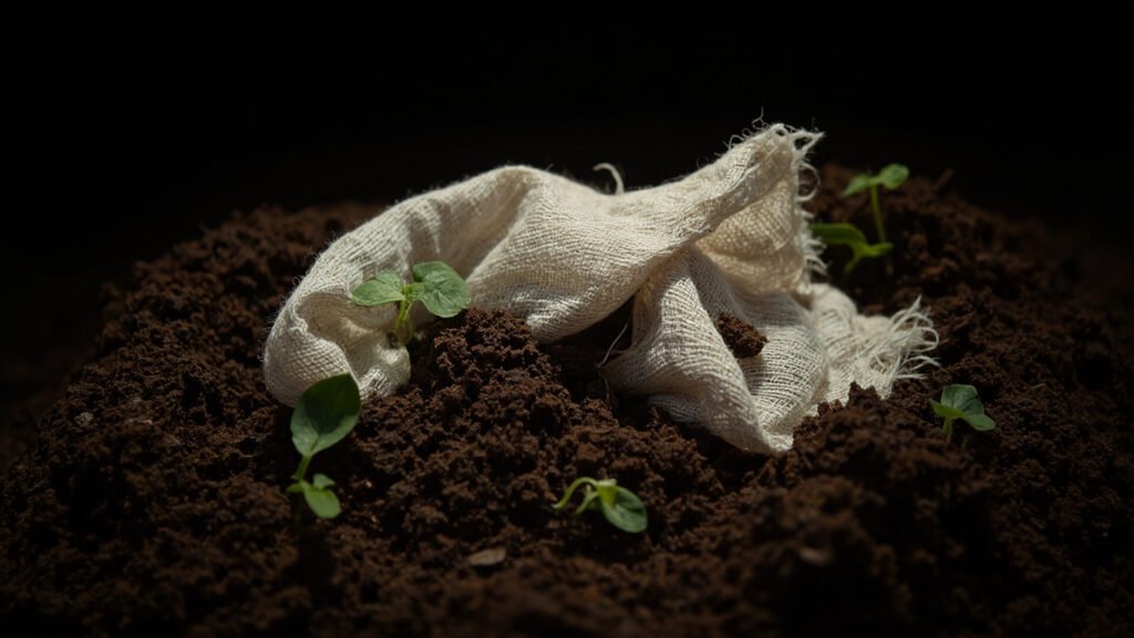 Tissu de lin brut se décomposant dans une terre sombre et vivante.