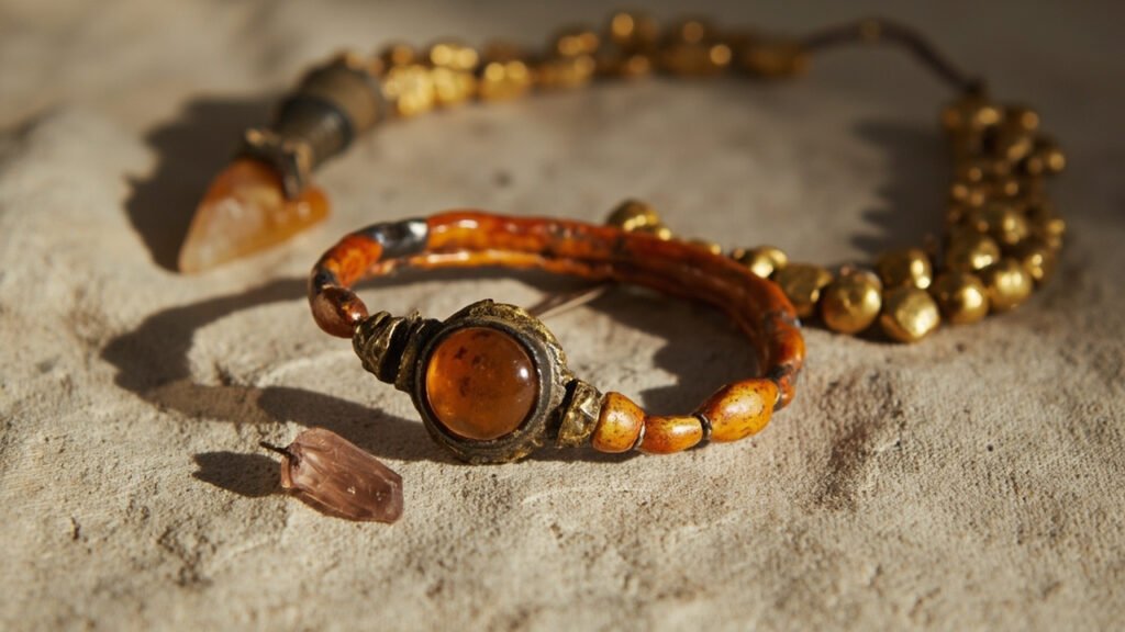 Torque en or oxydé, fibule en bronze ambre, perles irrégulières sur lin ancien.