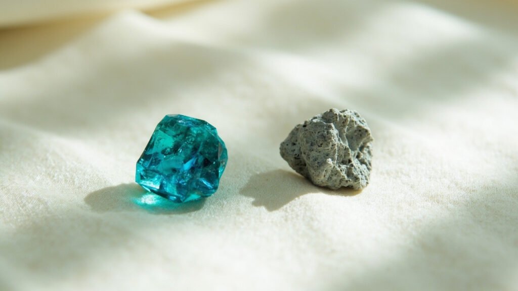 Tourmaline paraïba et diamant brut sur satin ivoire.