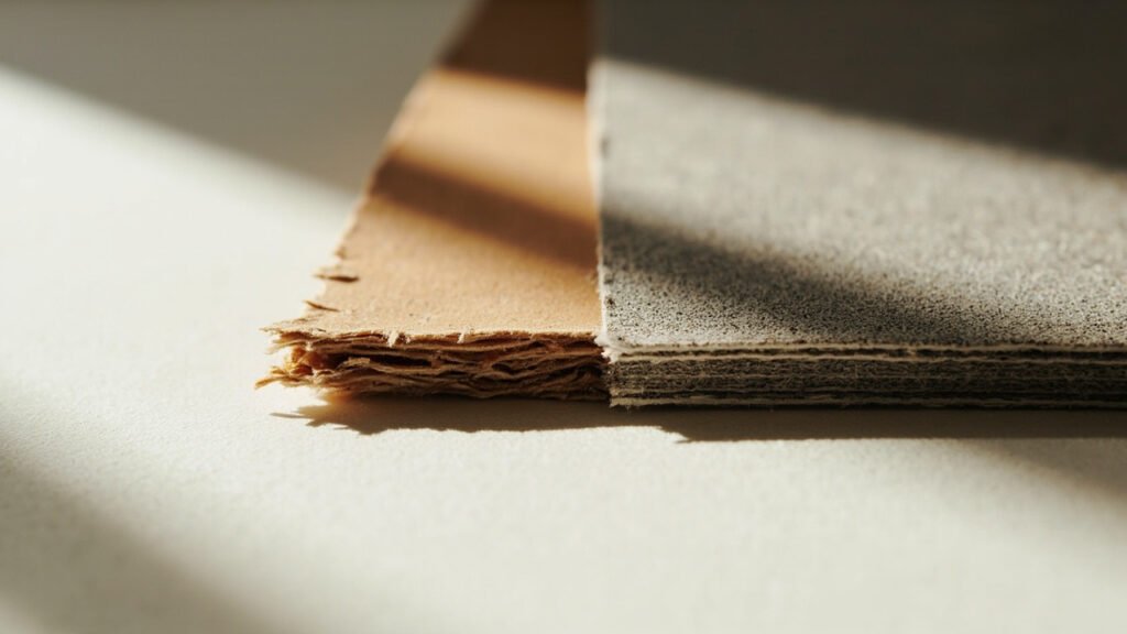 Tranches : fibres naturelles du cuir face au textile filmé du simili.