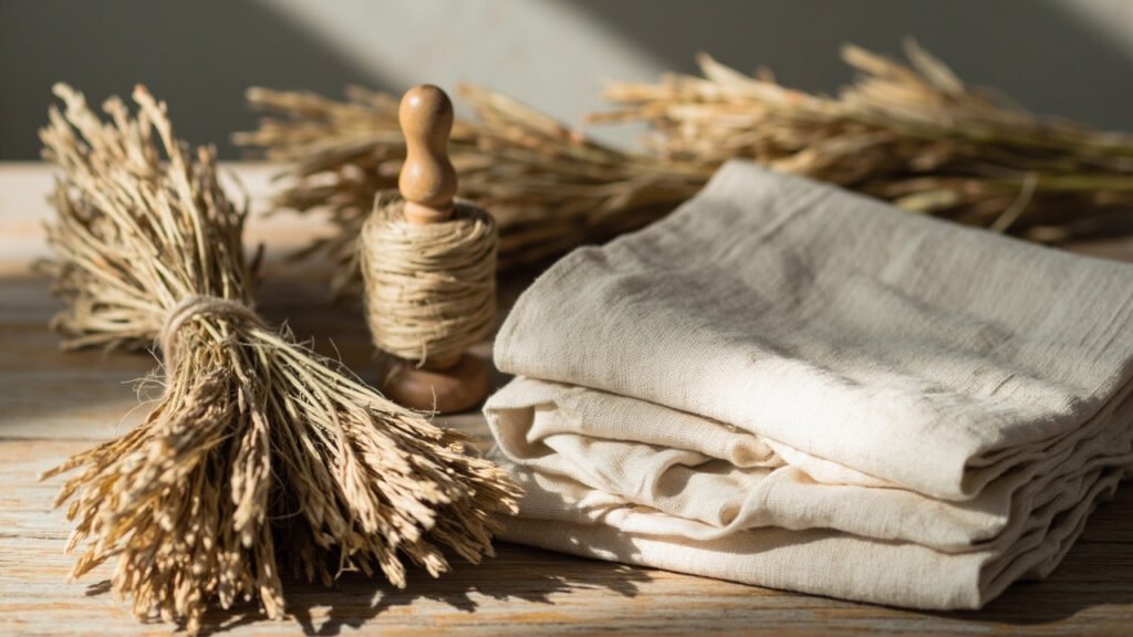 Transformation du lin : tiges, bobines de fil et tissu écru sur bois vieilli.
