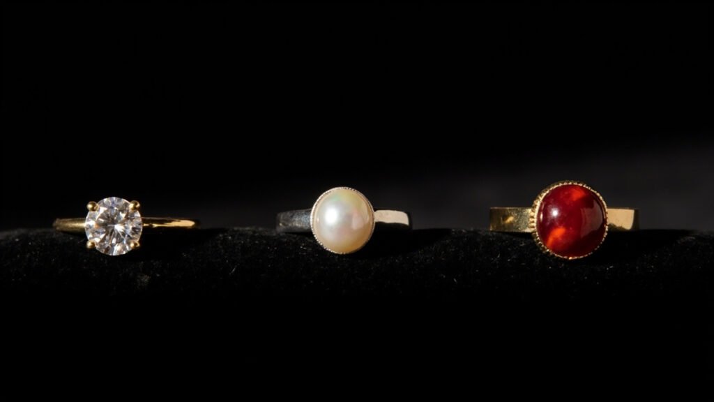 Trois bagues alignées sur velours noir : or, argent, laiton laqué rouge.
