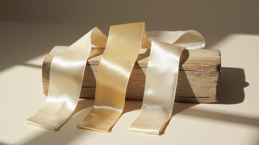 Trois bandes de satin, reflets distincts selon la fibre.