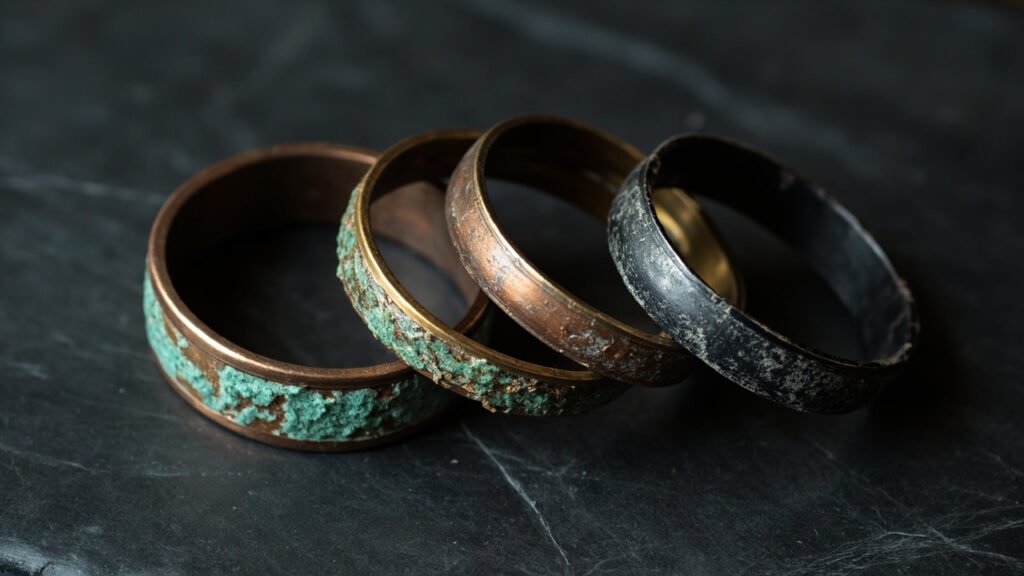 Trois bracelets corrodés sur ardoise : vert-de-gris, patine brune, ternissement noir.