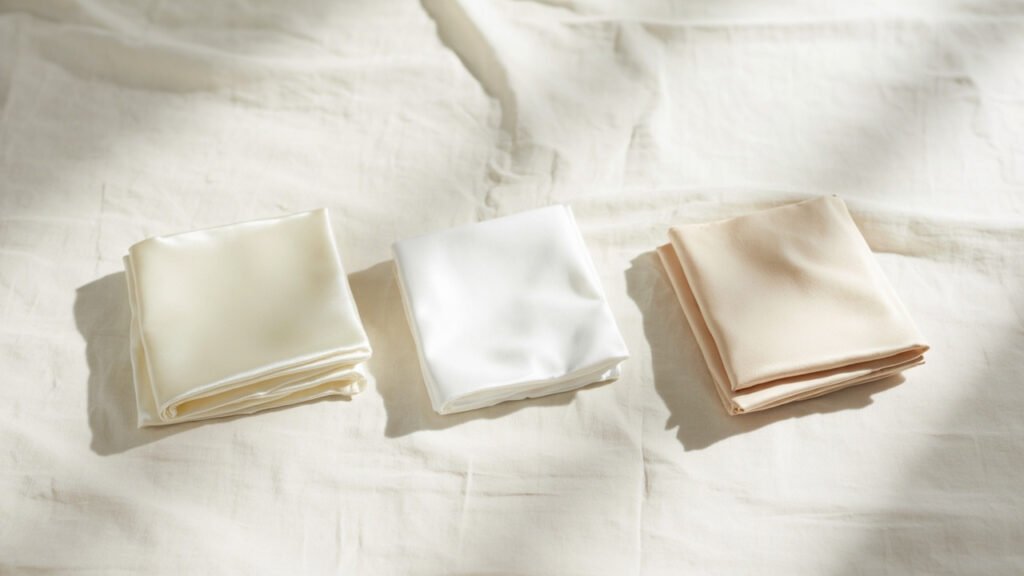 Trois carrés de satin pliés, reflets presque identiques.