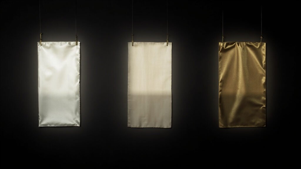 Trois carrés de satin polyester, coton et soie sous faisceau lumineux.