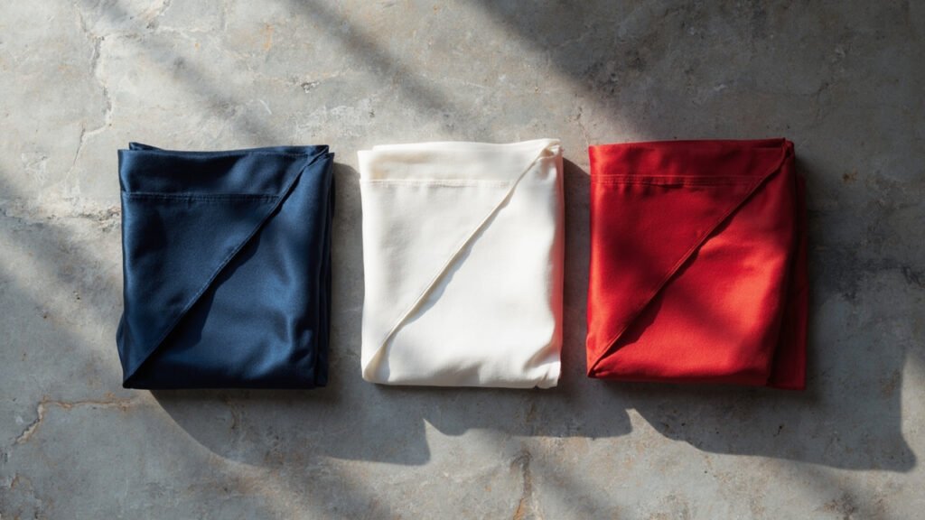 Trois carrés de soie bleu blanc rouge alignés sur marbre gris.