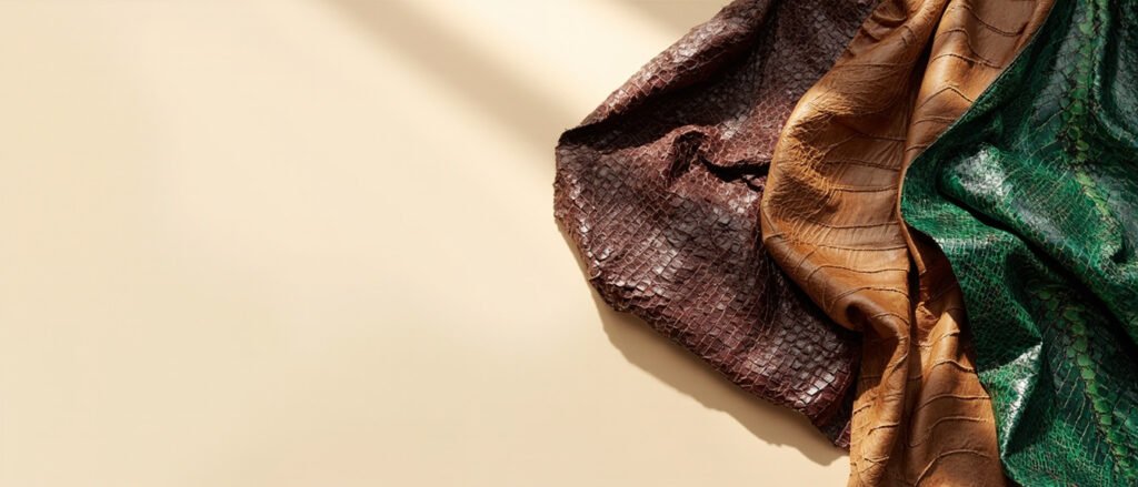 Trois cuirs exotiques drapés : python émeraude, crocodile cognac, autruche bordeaux.