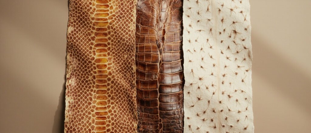 Trois cuirs exotiques : python, crocodile et autruche en bannière panoramique.