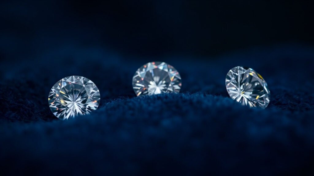 Trois diamants taille brillant sur velours bleu nuit.